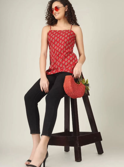Red Printed Floral Spaghetti Strap Top for Women | Stylish Casual Sleeveless Top