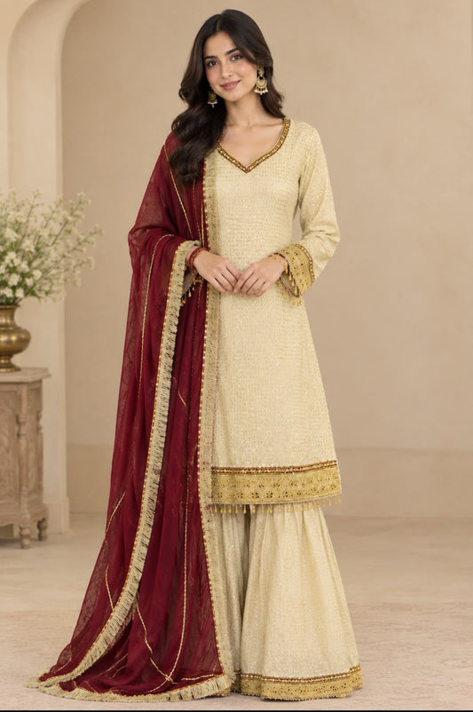 Sharara suit with maroon dupatta with potli