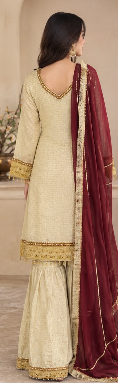 Sharara suit with maroon dupatta with potli
